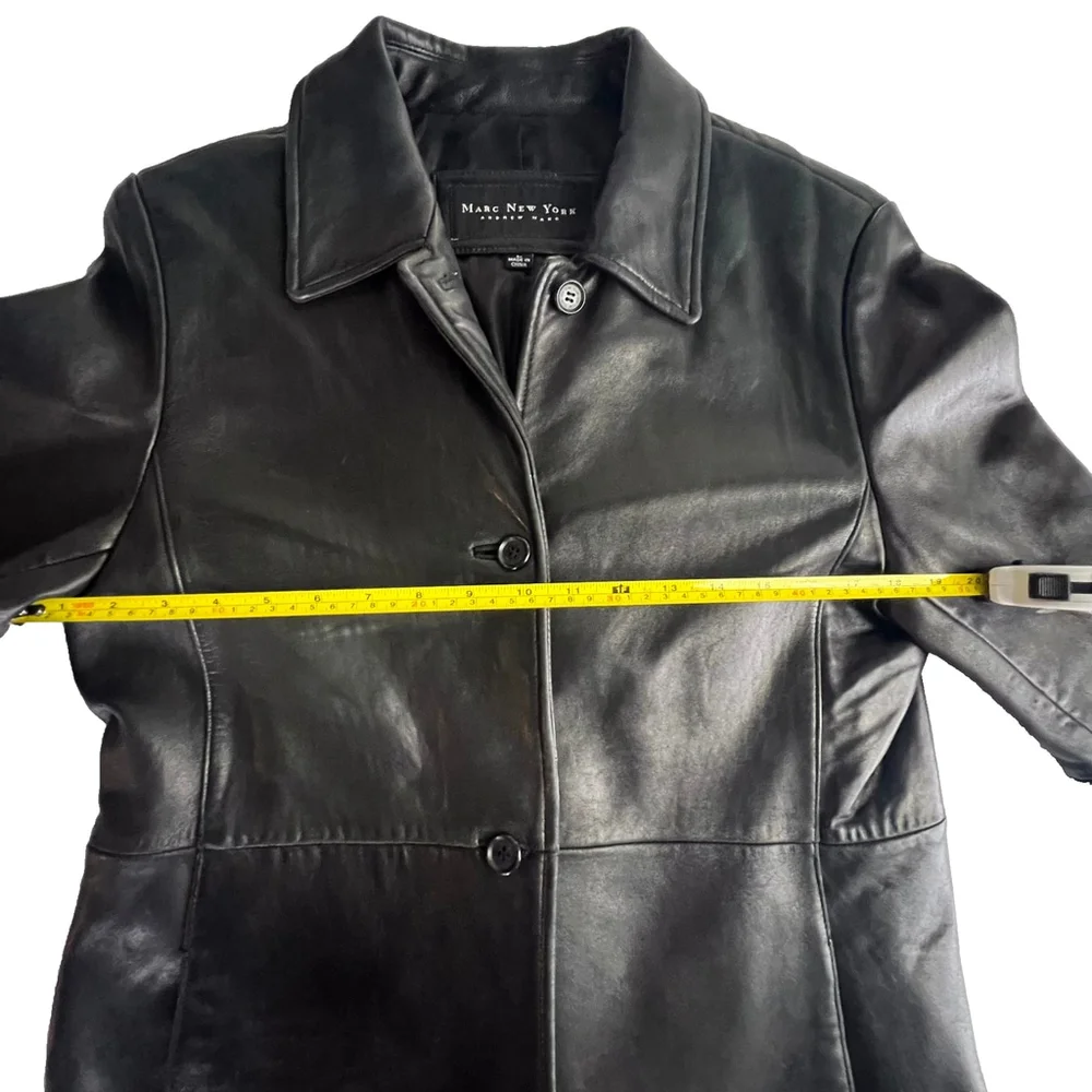 Marc New York Women L Black Genuine Leather Jacket Coat | Pockets, Lined 90s Lux - Picture 12 of 15